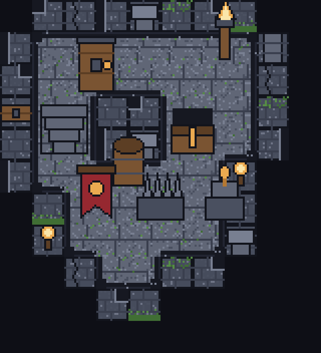 Full torchlit dungeon room render with door, chest, banner and props painted from the 10x10 demo map