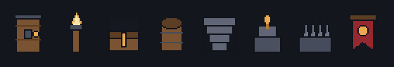 Eight large 32px dungeon props: door, torch, chest, barrel, stairs, altar, spikes, banner
