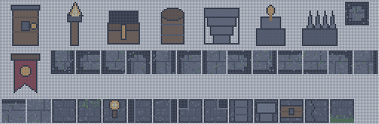 Packed sheet grid of dungeon floors, walls and props on a dark card