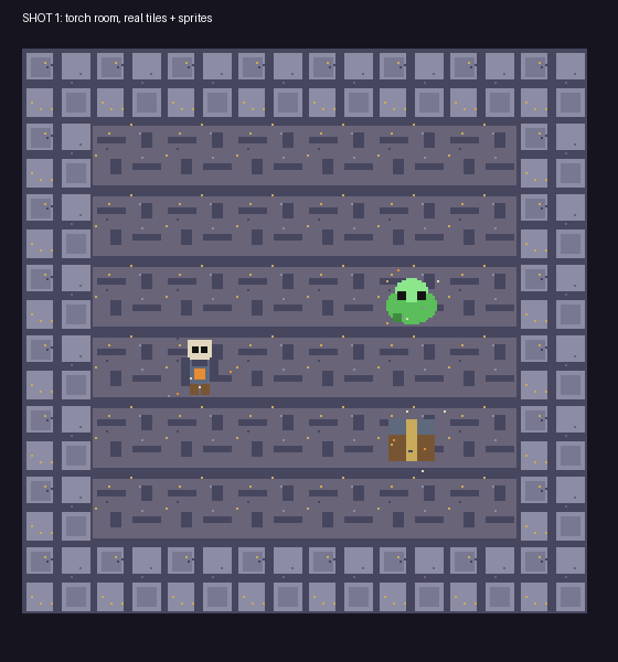 Real torch room render from the pack tiles and sprites: wall ring, floor, knight, slime and chest