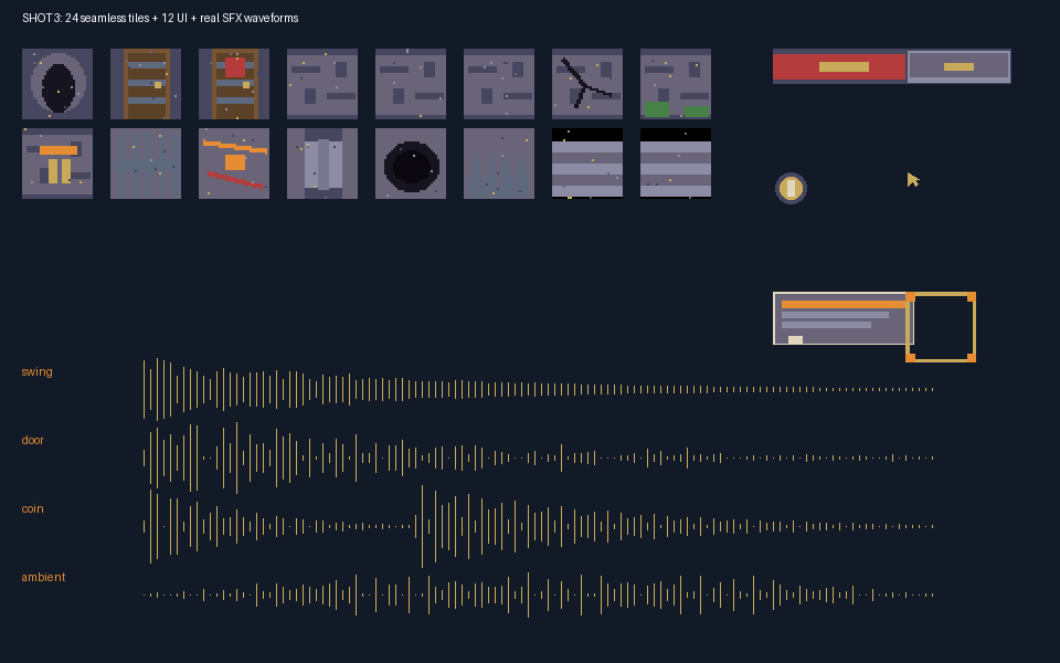 Sixteen pack tiles plus healthbar, panel and cursor UI plus four real SFX waveforms for swing, door, coin and ambient