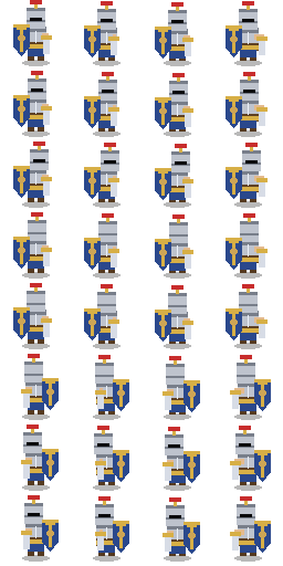 Real knight walk spritesheet: 4 columns by 8 rows (S SE E NE N NW W SW top to bottom), 64x64 cells, 256 by 512 pixels