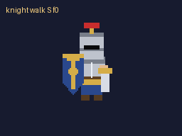 Animated knight walk preview: blocky pixel-art medieval knight mid-stride, 54 frames