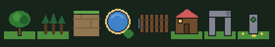 Eight large 32px overworld features: big oak, pine cluster, cliff block, pond, log bridge, cabin, rock arch, shrine stone