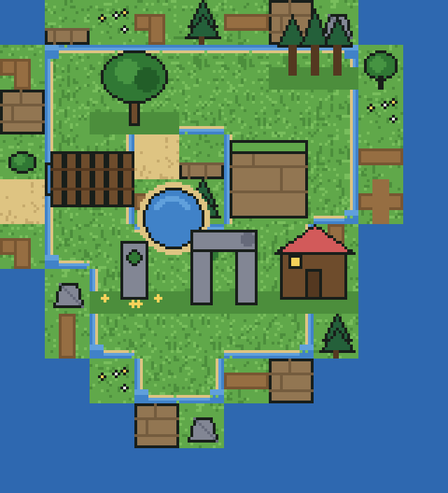 Full grass/water overworld render with trees, pond, cabin, bridge and cliffs painted from the 10x10 demo map