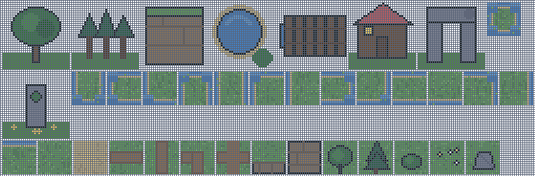 Packed sheet grid of overworld grass, grove and feature tiles on a dark card