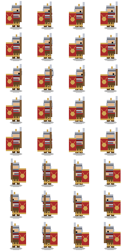 Real hastatus walk spritesheet: 4 columns by 8 rows (S SE E NE N NW W SW top to bottom), 64x64 cells, 256 by 512 pixels