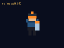 Animated marine walking south: blocky pixel-art sci-fi marine mid-stride