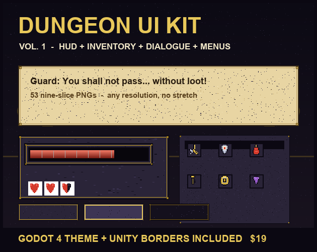 Cover of Game UI Kit Vol 1: dungeon-pixel HUD, health bar, hearts, icons, parchment dialogue and the Godot 4 theme plus Unity borders strip