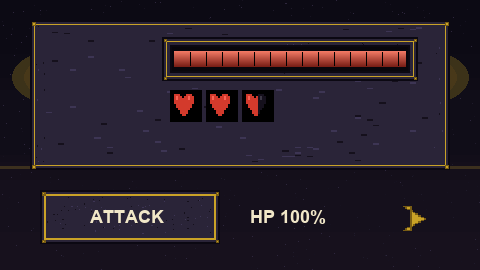 Animated demo from the pack: HP bar draining 100 to 10, button normal/hover/pressed states cycling, continue arrow blinking