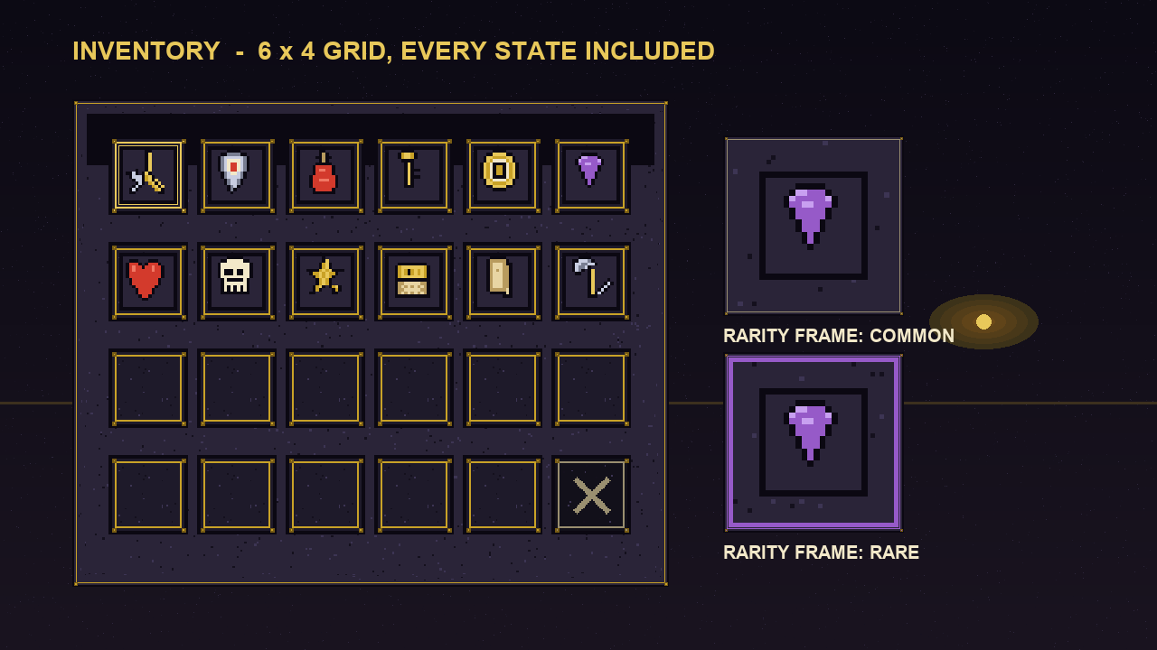 Real 6x4 inventory grid render from the pack: slotted icons, locked slot and common versus rare rarity frames